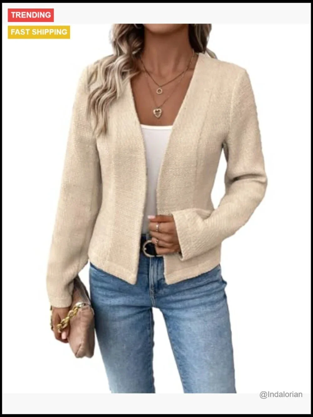 Tweed Blazer Jacket Collarless Open Front Slim Fit Work Casual